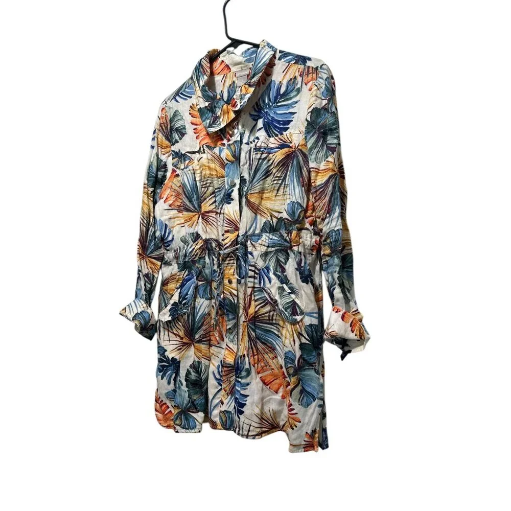 Chicos Tropical Palm Linen Jacket Tunic Women 16-18 XL Multicolor Utility Resort - Picture 13 of 16